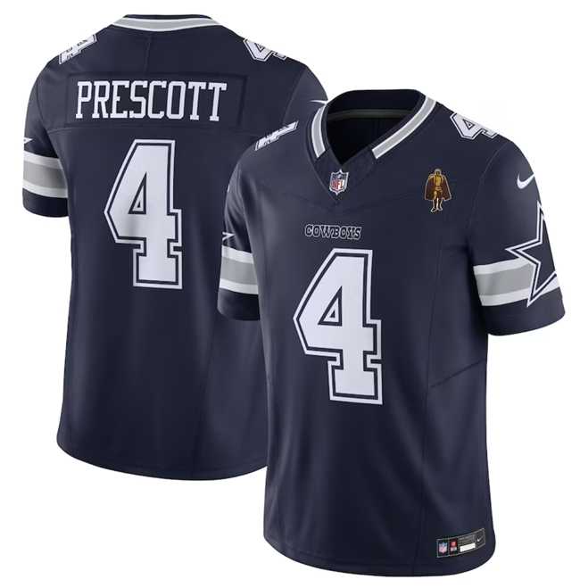 Mens Dallas Cowboys #4 Dak Prescott Navy 2023 F.U.S.E. With Walter Payton Patch Vapor Limited Stitched Jersey